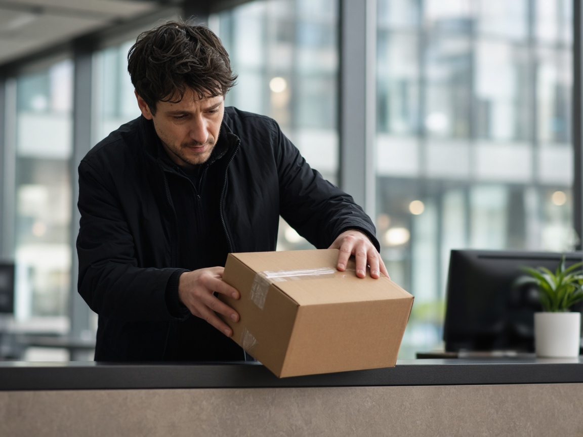 A courier placing a sealed parcel on a reception counter