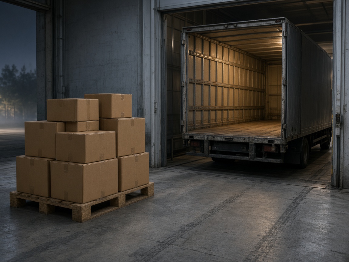 A warehouse loading bay with cartons and the open rear of a van