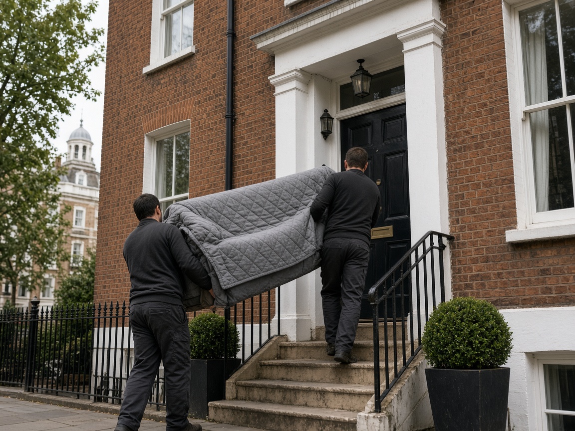 Movers carrying a wrapped sofa toward a brick house