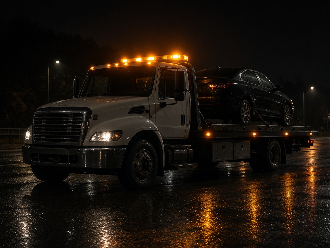 A recovery truck at night with amber lights on wet asphalt